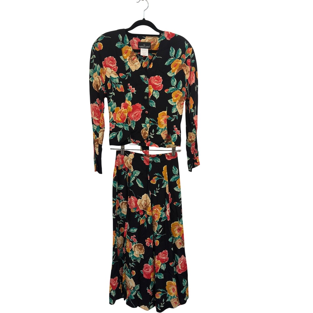 Carole Little Petites 2pc Vintage 90s Black‎ Tropical Floral Rayon Crepe Skirt 4